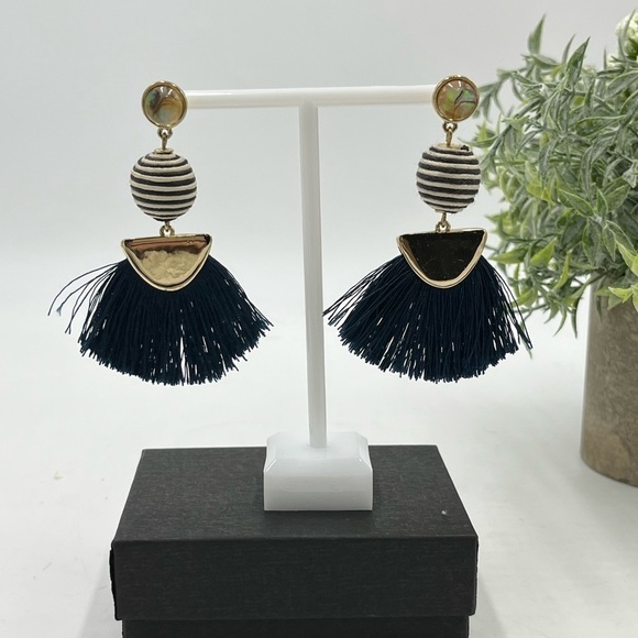 Baublebar Blue/White Ball with Blue Fringe Nautical Mamba Statement Earrings 3” - Picture 2 of 13